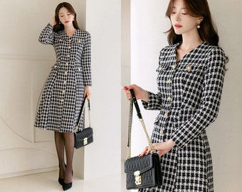 Elegant Checkered Formal Tweed Dress | Korean Style Wedding Guest Dress (CLD0901)