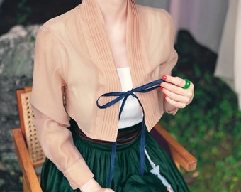 Korean Modern Hanbok Elegant Sheer Blouse For Women | Korea Traditional Style Top Jeogori Dress Set (CLHT0013)