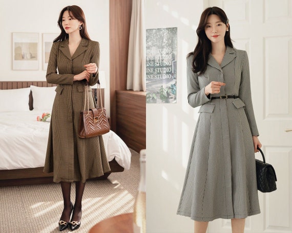 Elegant Formal Party Warm Dress Korean Style Long Sleeve Midi