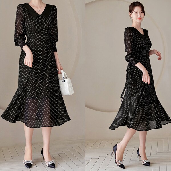 Elegant Polka Dot Chiffon Long Flared Dress | Korean Style Wedding Guest Dress (CLD1061)