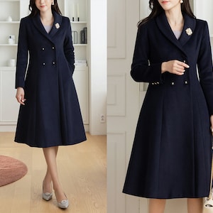 Shawl Collar Double Breasted A-Line Coat | Korean Style Women's Formal Winter Coat (CLC0177)