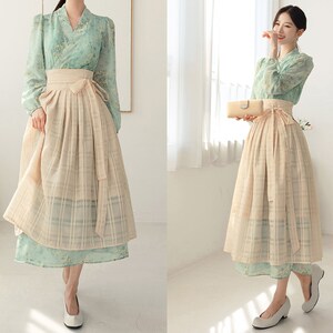 Checkered See Through Midi Wrap Overlay Hanbok Skirt For Dress Set Up | Korean Modern Hanbok Skirt For Women (CLHS0031)