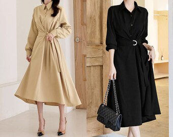 Formal Plus Size Strap Belted Shirt Dress | Korean Style Wedding Guest Dress (CLD1102)