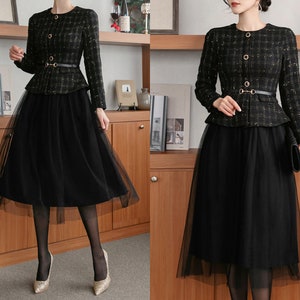 Tweed Peplum con vestido formal de falda de tul / Vestido de invitada de boda de estilo coreano (CLD0941)