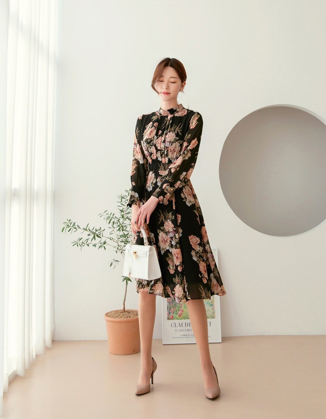 Autumn Elegant Floral Dress Korean Style Long Sleeve Flare Dress