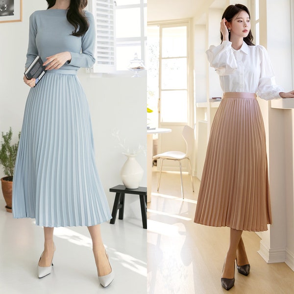 Satin Pleated Flare Midi Skirt | Korean Style Formal Skirt (CLS0105)