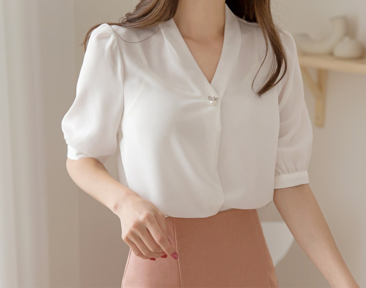 Business Casual Women Office Blouse Korean Style Short Sleeve