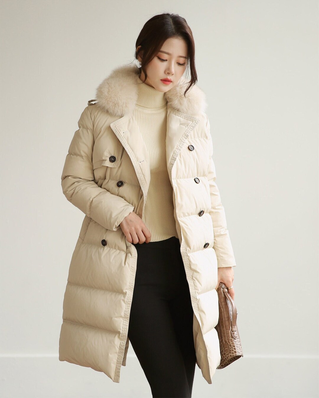 Trench Puffer Padded Faux Fur Coat for Women / Korean Style Winter Duck Down Long Padded Jacket
