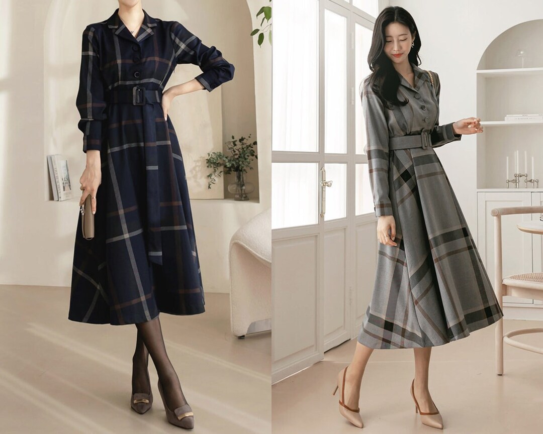 Elegant Wedding Guest Dress Korean Style Check Midi Dress Etsy