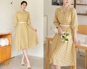 Vintage Check Pattern Belted Midi Dress | Korean Style Wedding Guest Dress (CLD1071)