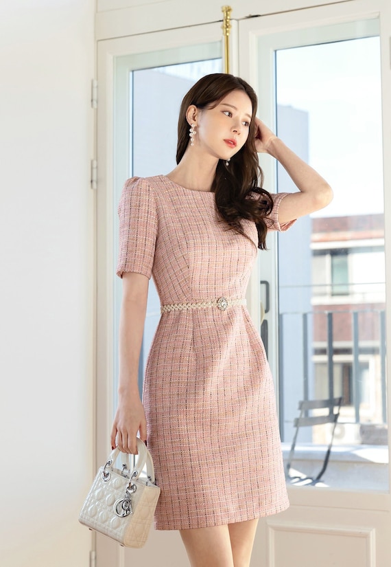 Elegant Tweed Short Sleeve Mini Dress Korean Style Formal - Etsy Norway