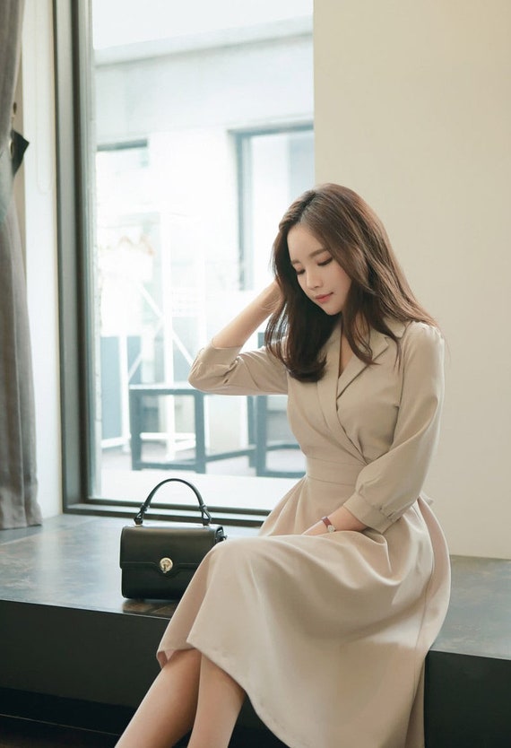 Elegant V neck Flare Dress With Collar Korean Style Plus Size