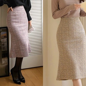 Formal High Waisted Mermaid Midi Tweed Skirt | Korean Style Women's Elegant Skirt (CLS0172)
