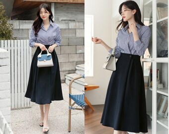 Formal Plus Size Striped Flare Midi Dress | Korean Style Wedding Guest Dress (CLD1097)
