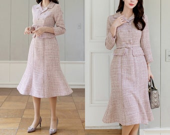 Elegantes, formelles Fransen-Tweed-Nixenkleid | Elegantes Hochzeitskleid im koreanischen Stil (CLD0989)