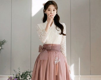 Korean Modern Hanbok Dress Set For Women | Korea Traditional Style Midi Wedding Dress Skirt Cape (CLHD0067)