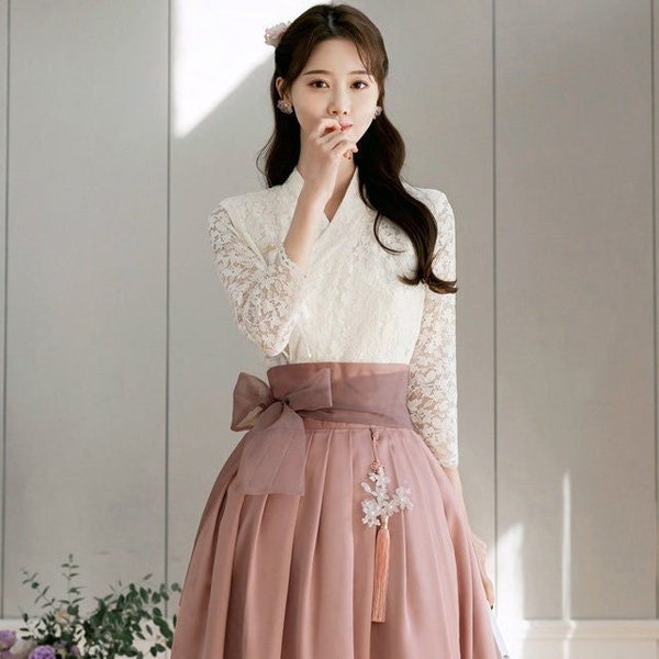 Koreanisches modernes Hanbok-Kleid-Set für Frauen | Korea-traditioneller Stil Midi-Hochzeits-Kleid-Rock-Umhang (CLHD0067)