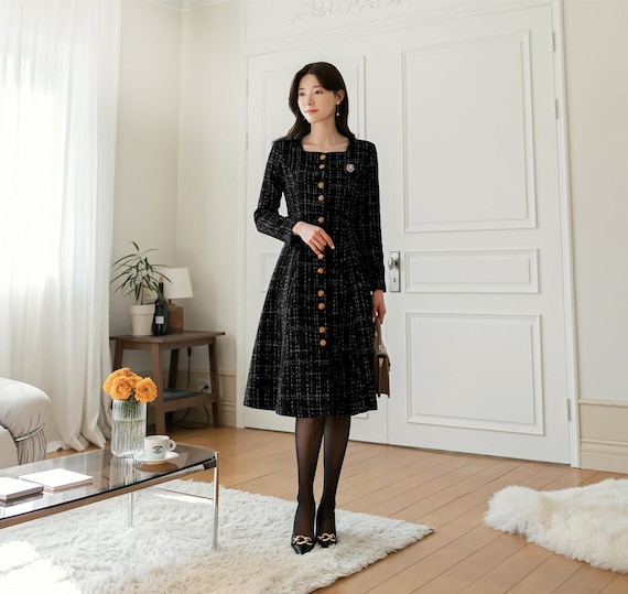 Plus Size Black Plaid Tweed Jacket Women Korean Round Neck Elegant