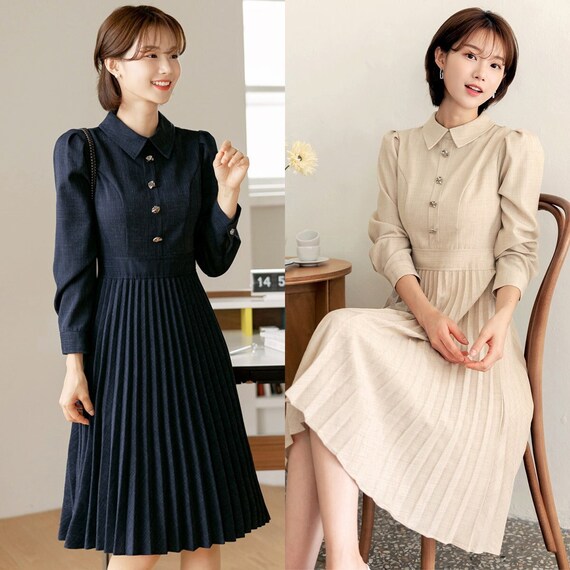 Elegant Formal Flare Midi Dress Korean Style Autumn Long Sleeve