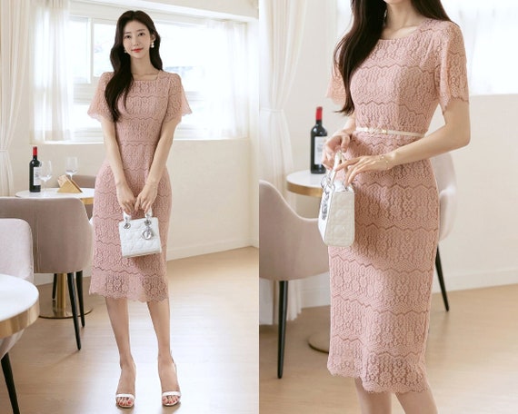 Elegant Classy Floral Lace Dress Korean Style Wedding Guest Dress