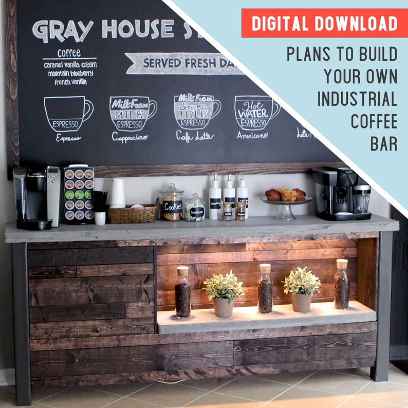 PLANS Coffee Bar DIY Woodworking Plans pour construire un bar industriel image 1