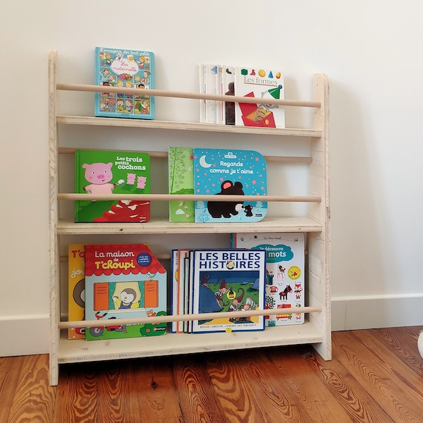 Bibliothèque Montessori enfant en bois massif / Etagère et présentoir à livres