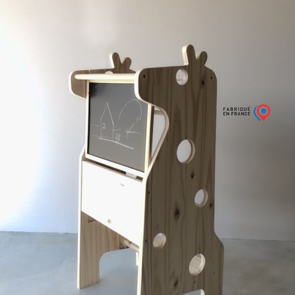 Tour d'observation animal girafe design et d'apprentissage Montessori enfant en bois évolutive avec tableau amovible [Animal]