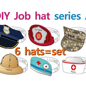 Papieren baanhoed serie A, x6 hoedenset, baanhoofdband, baanpet, politiepet, brandweermanhoed, soldatenpet, bedrukbaar instant, origami, bezettingshoed