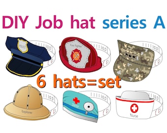 Paper job hat series A, x6 hats set, job headband, job cap, police cap, fireman hat, soldier cap, printable instant, origami, occupation hat