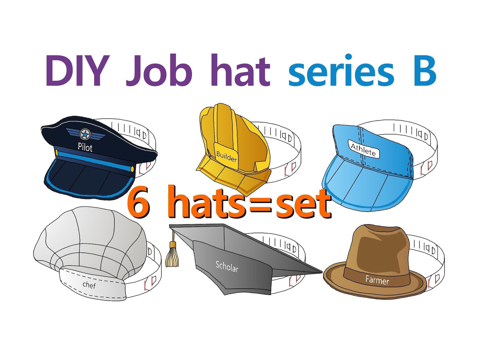 Paper Job Hat Series B, X6 Hats Set, Job Headband, Job Cap, Pilot Cap