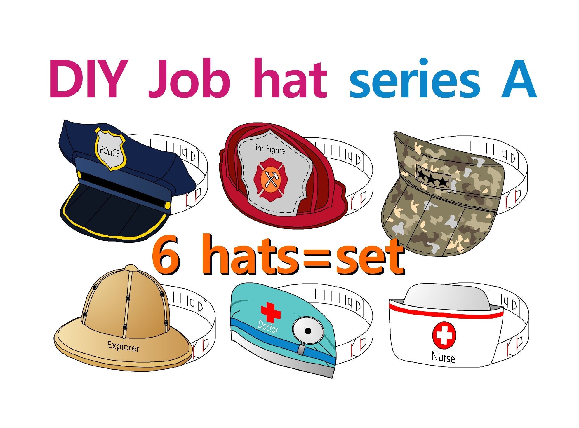 Paper Job Hat Series A, X6 Hats Set, Job Headband, Job Cap, Police Cap