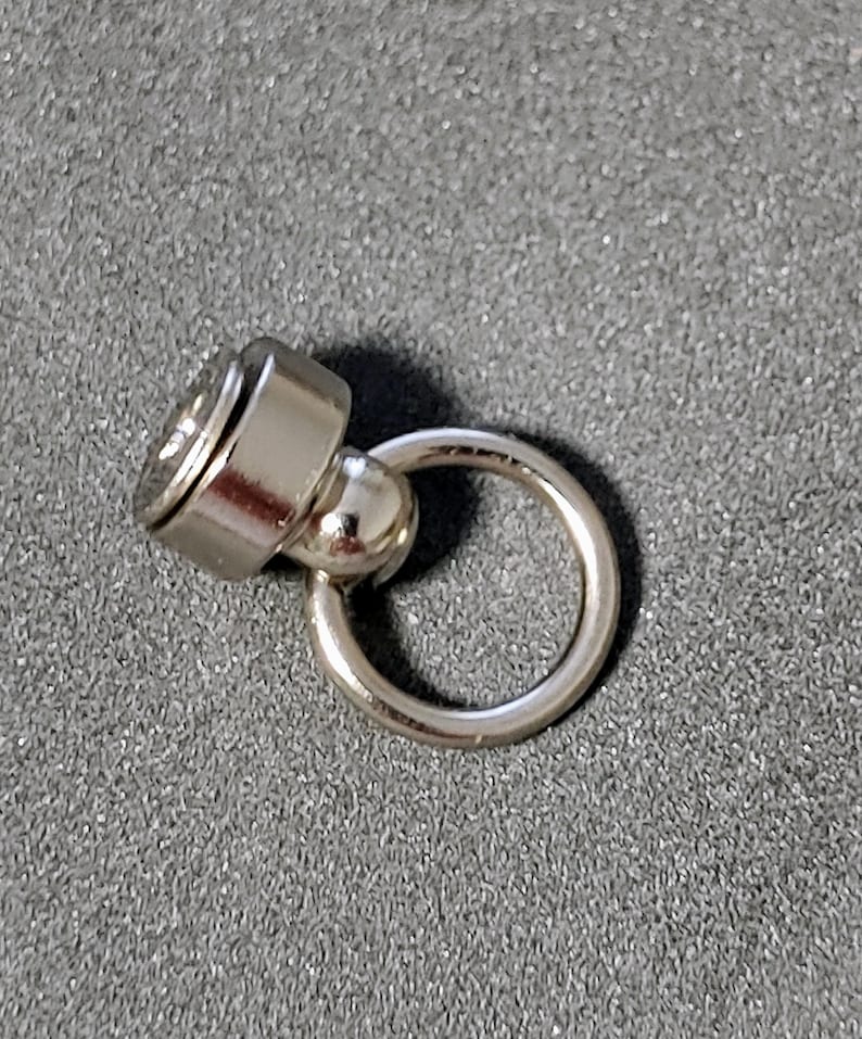 May include: A silver swivel snap hook with a magnetic closure. The hook is attached to a small metal ring.