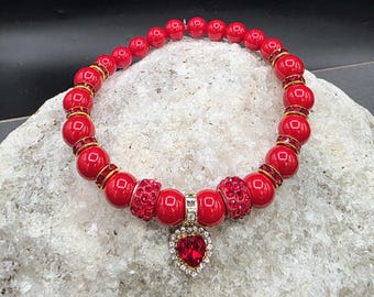 Red stone and Pearl Cat small Dog  Collar: Elegant Beaded Pet Necklace Rhinestone Heart