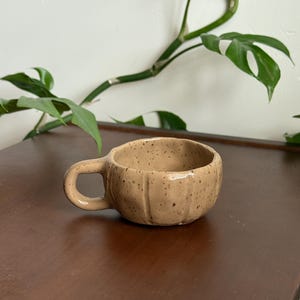 May include: A small, handmade ceramic mug with a rounded shape and a small handle. The mug is a speckled tan color with vertical ridges around the body. The mug is sitting on a dark brown surface, with green leaves in the background.