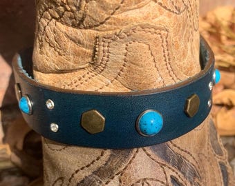 Teal Leather Boot Bracelet: Turquoise Rivets, Adjustable Boot Straps