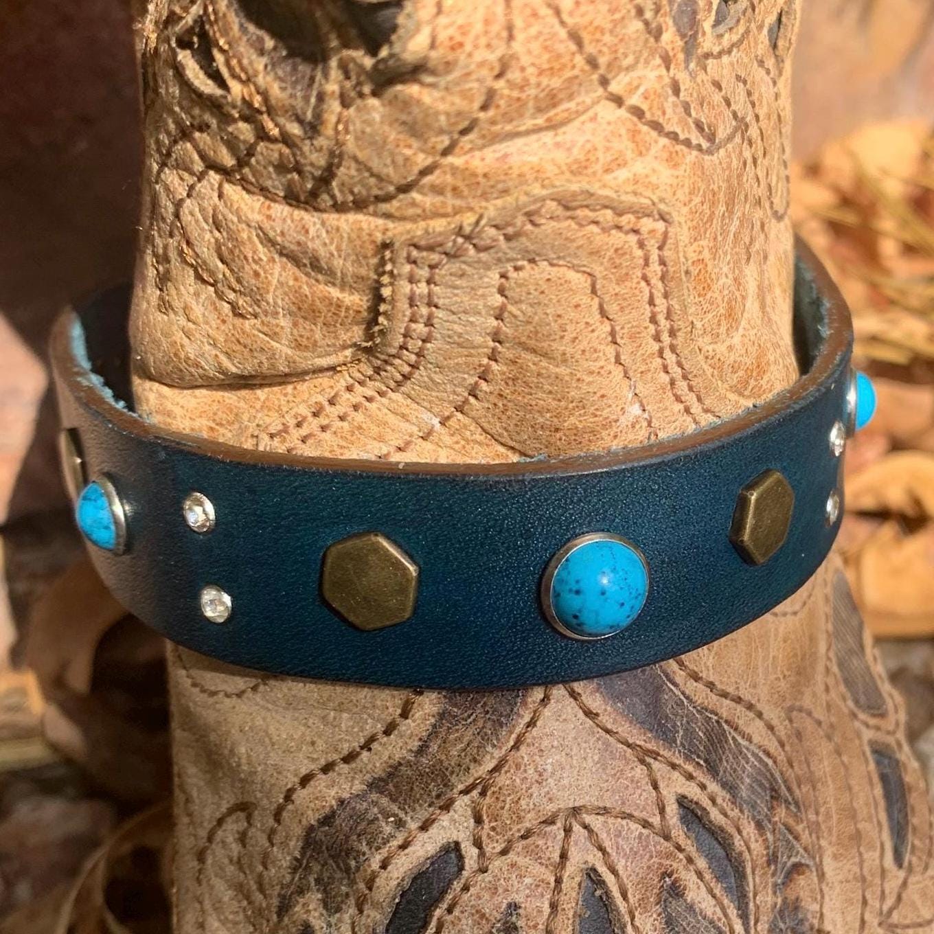 Teal Leather Boot Bracelet: Turquoise Rivets, Adjustable Boot Straps