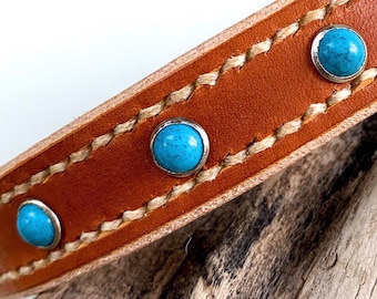 Leather dog collar brown hand stitched with turquoise stones, western style collar.