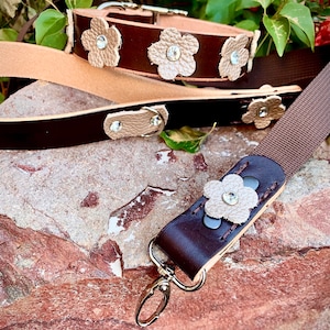 Leather collar and leash set with pink flowers. Strong collar and nylon and leather leash.