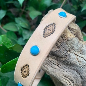 Pretty turquoise stone leather dog collar, tribal dog collar, collar with studs, natural leather collar image 10