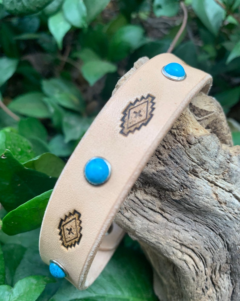 Pretty turquoise stone leather dog collar, tribal dog collar, collar with studs, natural leather collar image 10