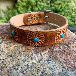 Leather dog collar with pretty daisies and turquoise stones. Flower dog collar.