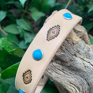 Pretty turquoise stone leather dog collar, tribal dog collar, collar with studs, natural leather collar image 4