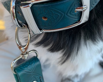 Set collare e guinzaglio per cani in pelle verde acqua: design a cuore, guinzaglio in nylon resistente