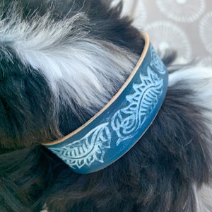Leather dog collar blue, unique  collar, vintage style collar, boho dog collar, everyday dog collar
