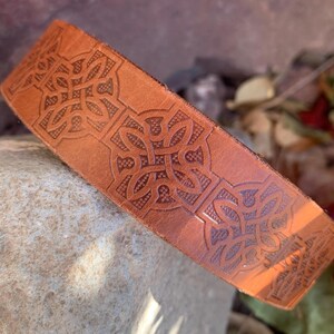 Celtic Knot Leather Dog Collar: Brown Stamped Design