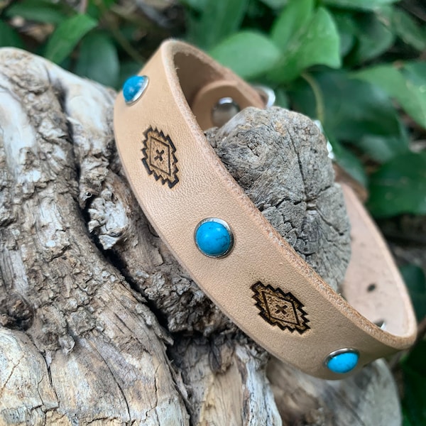 Pretty turquoise stone leather dog collar, tribal dog collar, collar with studs, natural leather collar