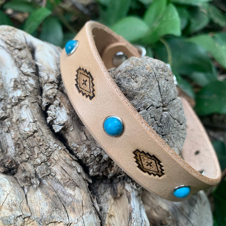 Pretty turquoise stone leather dog collar, tribal dog collar, collar with studs, natural leather collar image 1