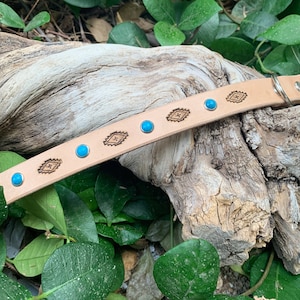 Pretty turquoise stone leather dog collar, tribal dog collar, collar with studs, natural leather collar image 7