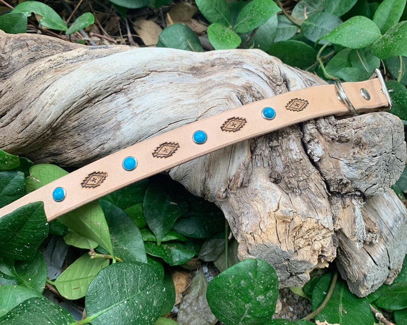 Pretty turquoise stone leather dog collar, tribal dog collar, collar with studs, natural leather collar image 7