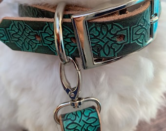 Set collare e guinzaglio per cani in pelle celtica, robusto collare in pelle abbinato e guinzaglio in nylon e pelle.